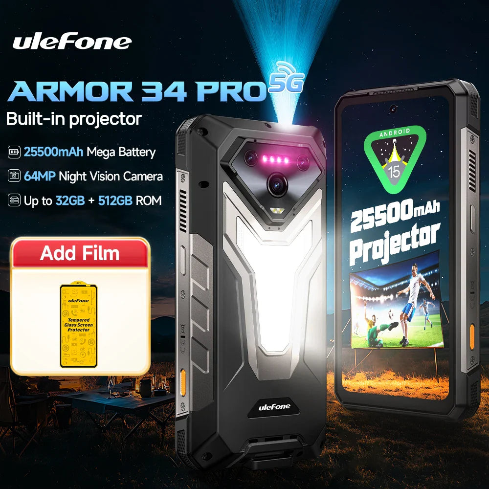 Ulefone Armor 34 Pro 5G AI Rugged Phone 25500mAh Up to 32GB+512GB Built-in Projector 120Hz 6.95" NFC Smartphone