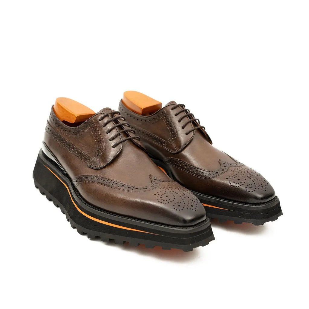 Thick-soled calfskin formal brogue derby shoes coffee