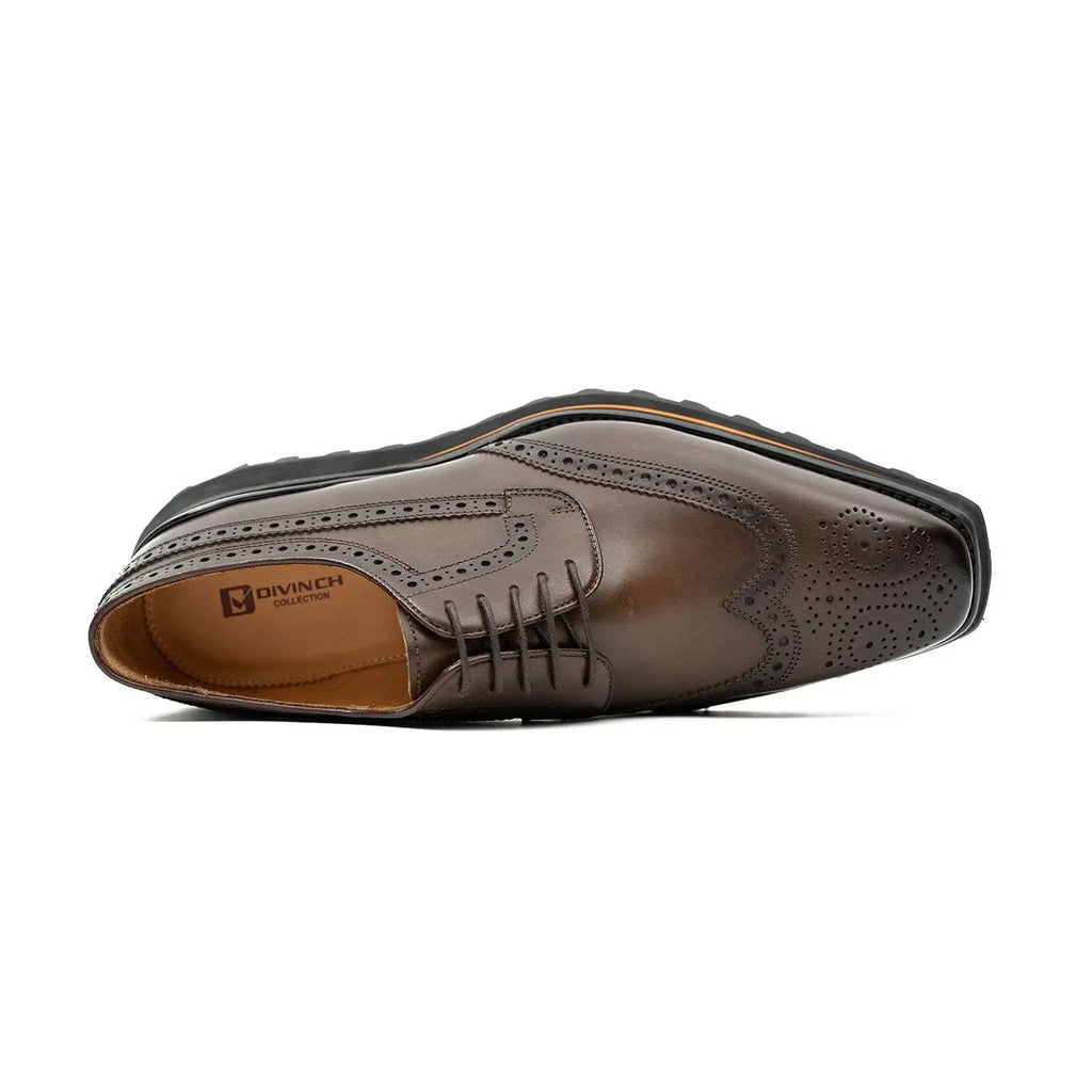 Thick-soled calfskin formal brogue derby shoes coffee