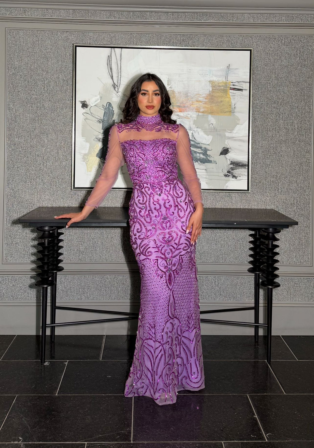 Deema High Neckline Tulle Embroidered Dress