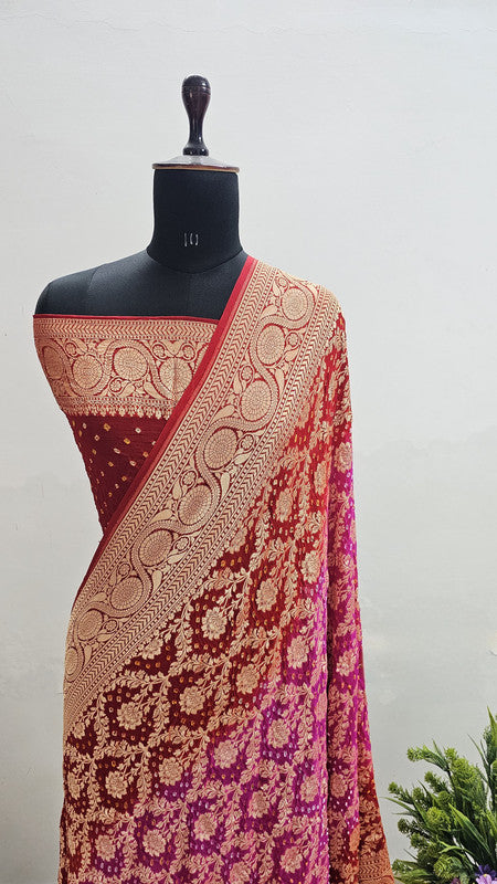 Banarasi Pure Handloom Khaddi Georgette Double Shade Bandhani Silk Saree