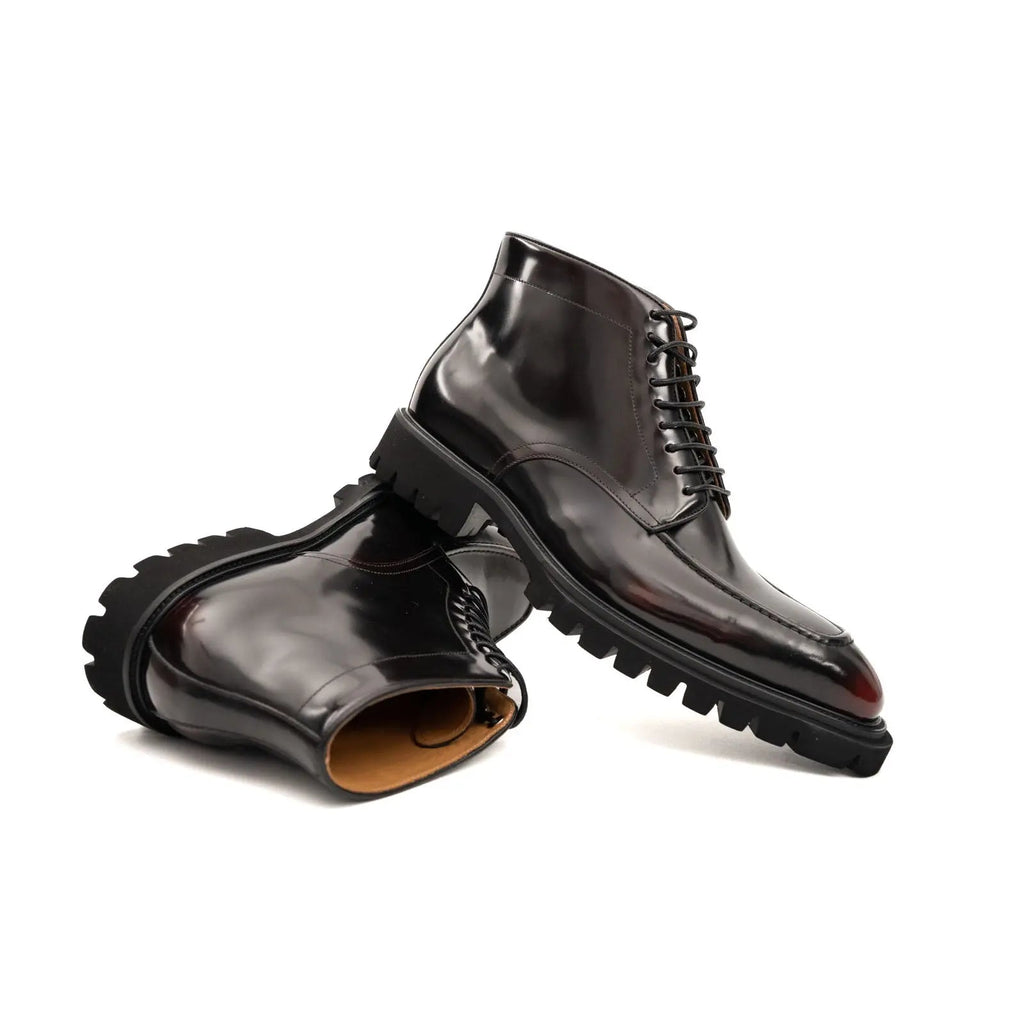 Wine Patent Lug Sole Ankle Boot
