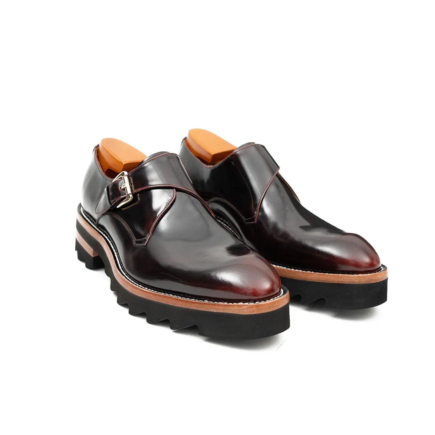 Wine Red Leather Monk Strap Shoes with Chunky Soles