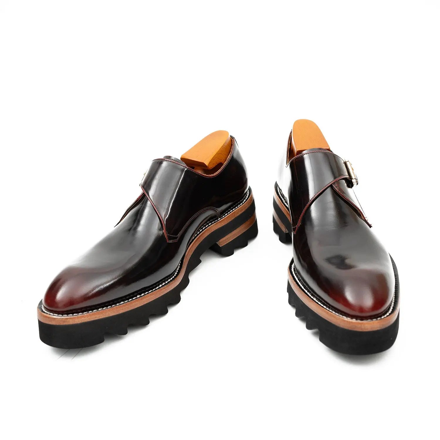 Wine Red Leather Monk Strap Shoes with Chunky Soles