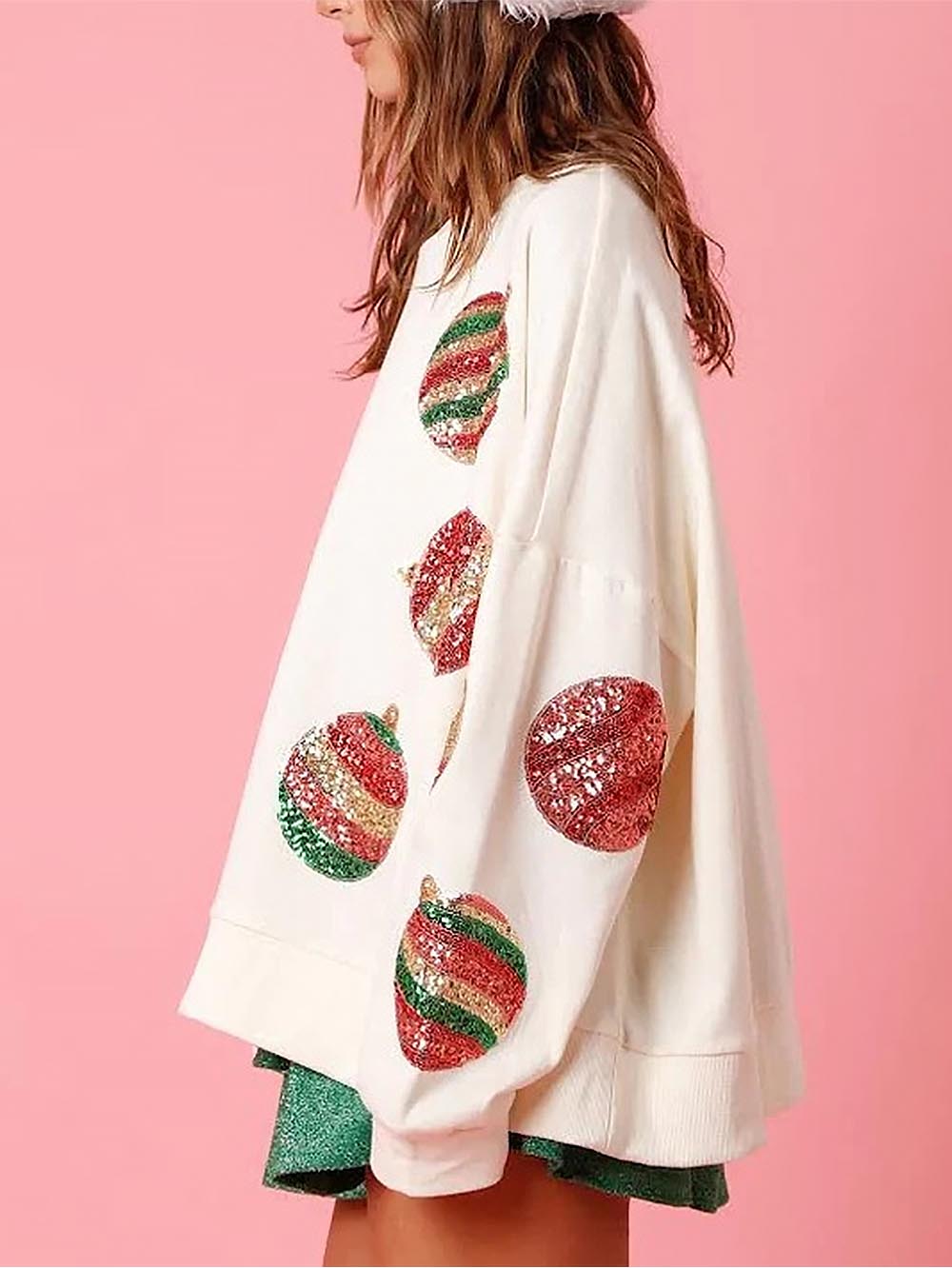 Women’s Christmas Sequin Embroidered Oversized Long Sleeve Sweatshirt | NCS