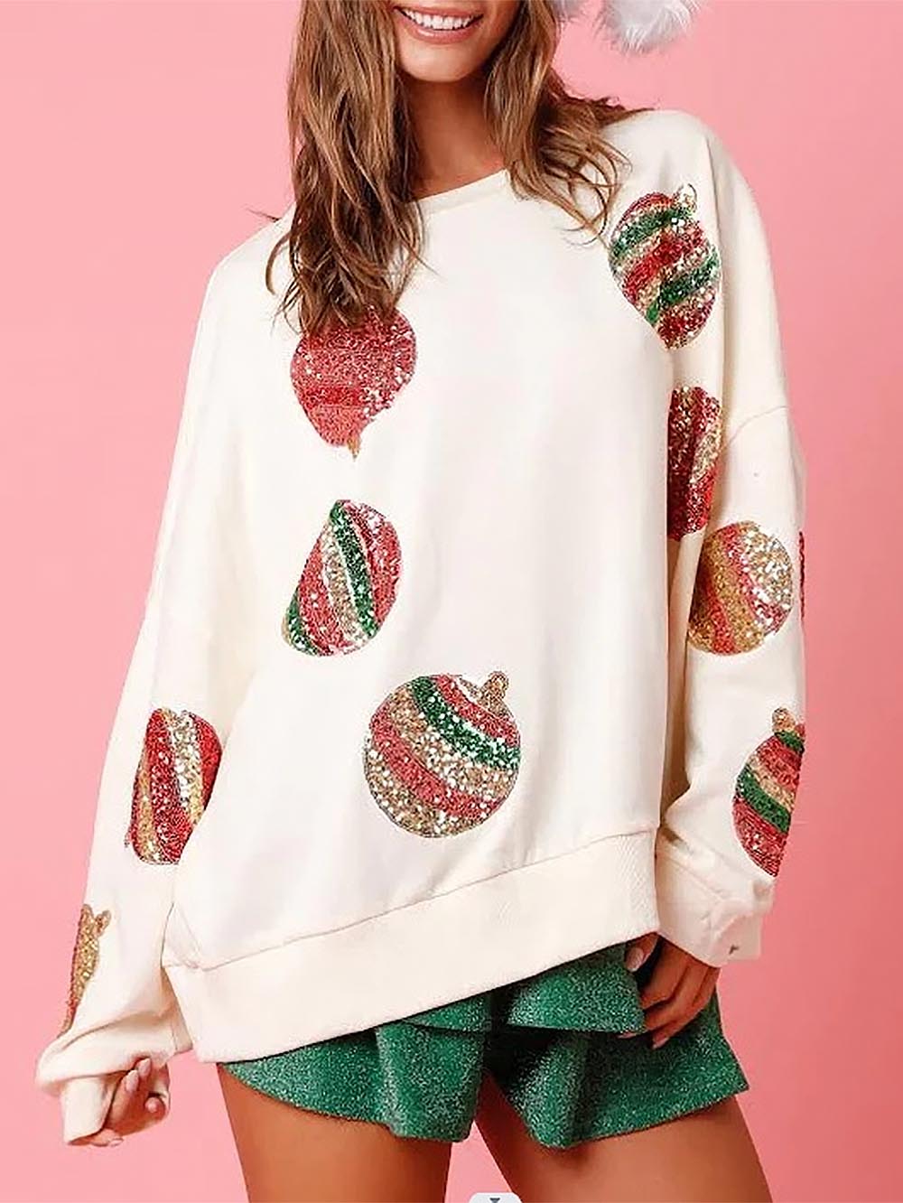 Women’s Christmas Sequin Embroidered Oversized Long Sleeve Sweatshirt | NCS