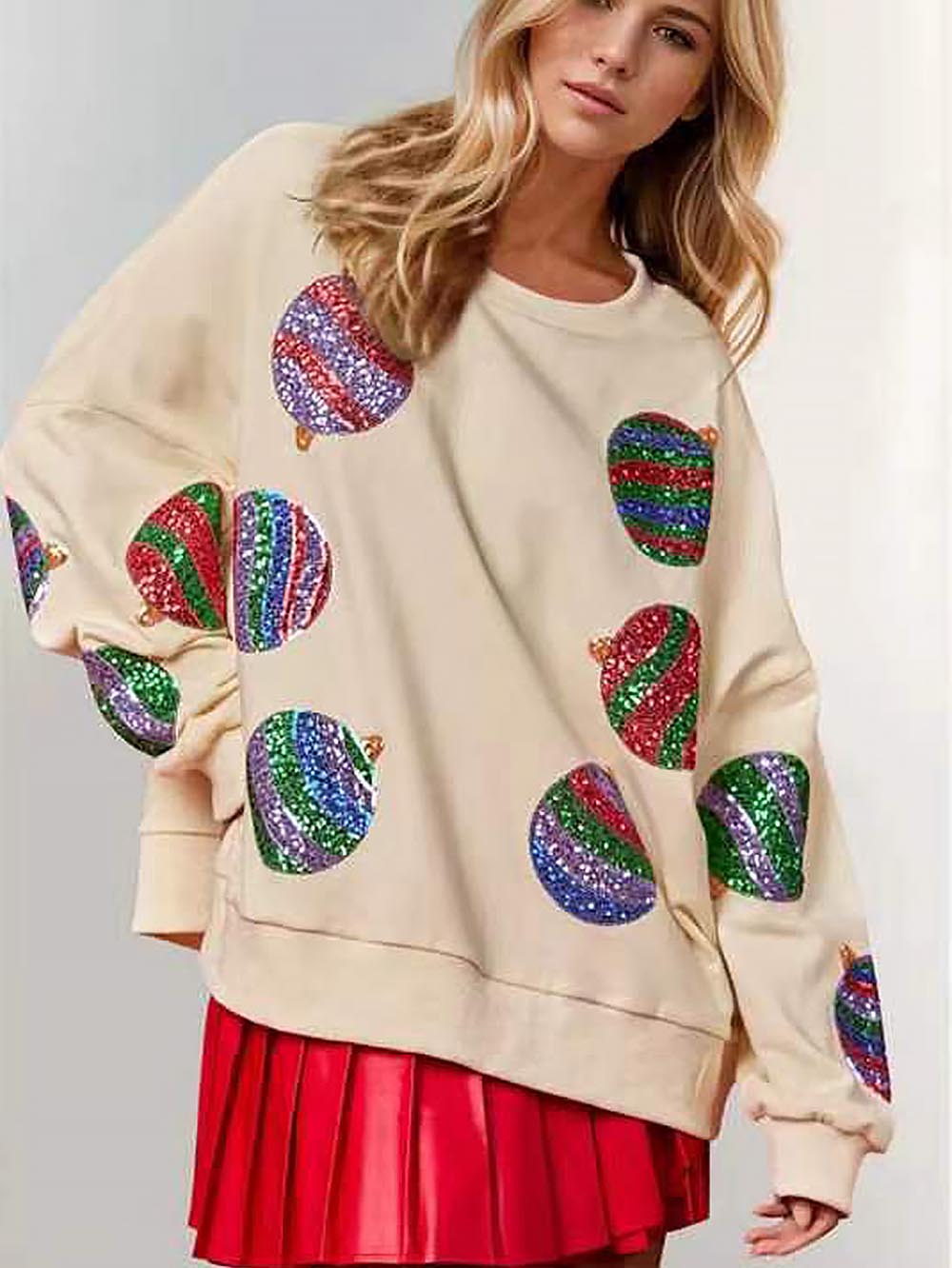 Women’s Christmas Sequin Embroidered Oversized Long Sleeve Sweatshirt | NCS