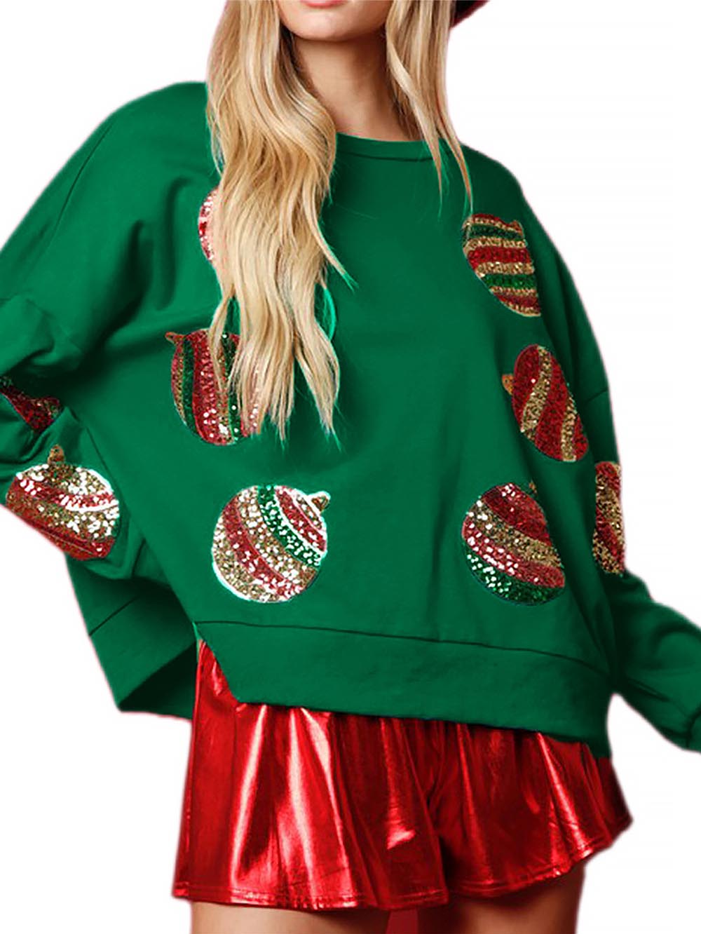 Women’s Christmas Sequin Embroidered Oversized Long Sleeve Sweatshirt | NCS