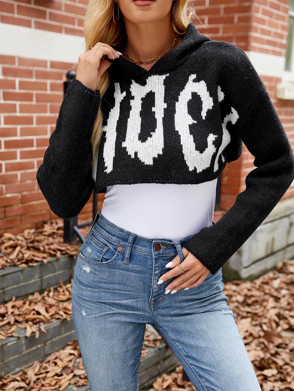 Women’s Halloween Letter Jacquard Cropped Hoodie Sweater | NCS