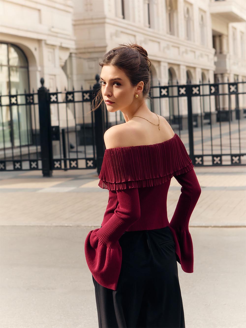 Women's Off-Shoulder Buttoned Slim Fit Knit Sweater | NCS