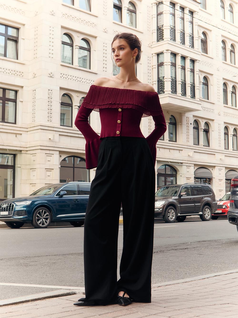 Women's Off-Shoulder Buttoned Slim Fit Knit Sweater | NCS