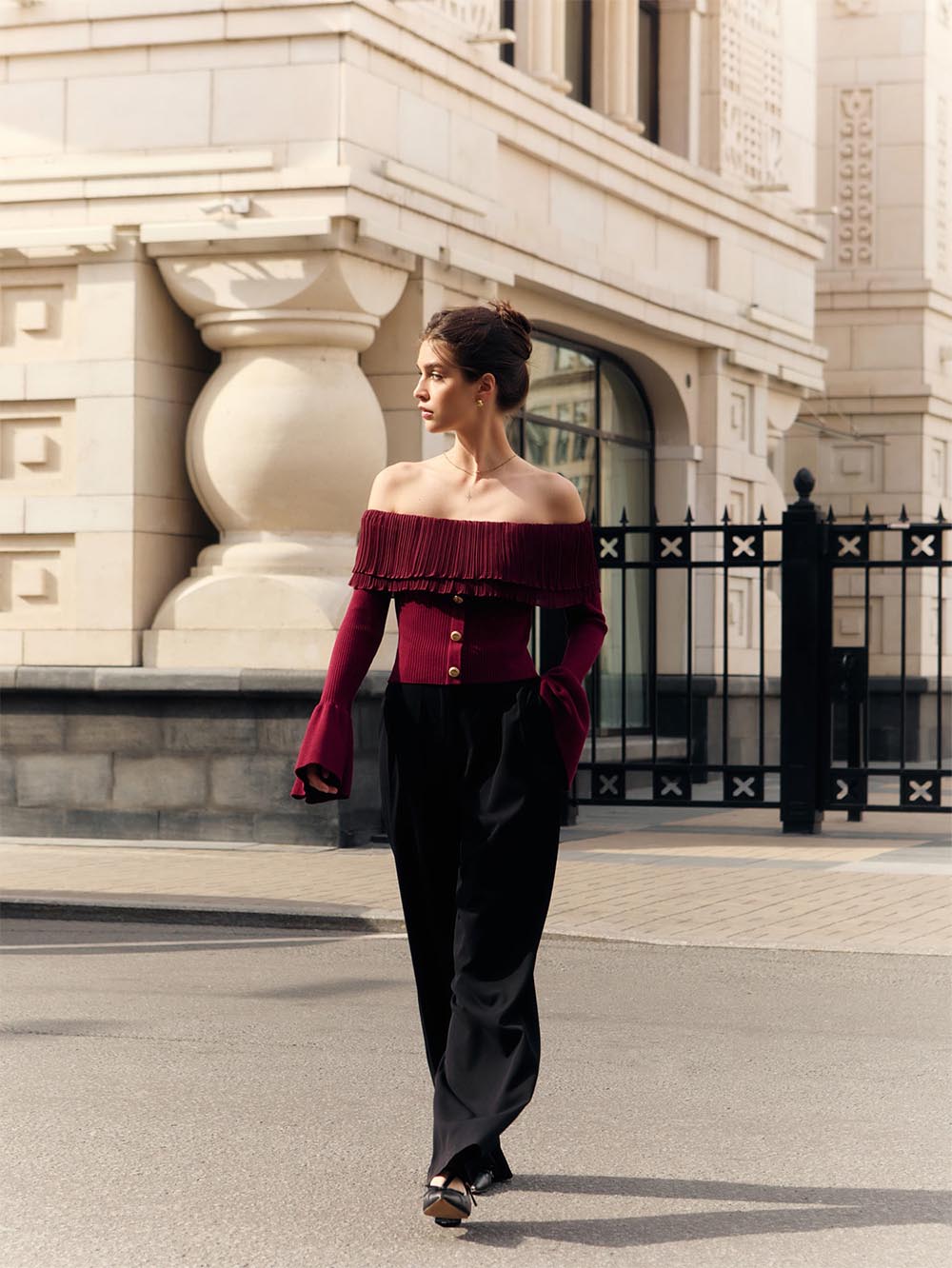 Women's Off-Shoulder Buttoned Slim Fit Knit Sweater | NCS