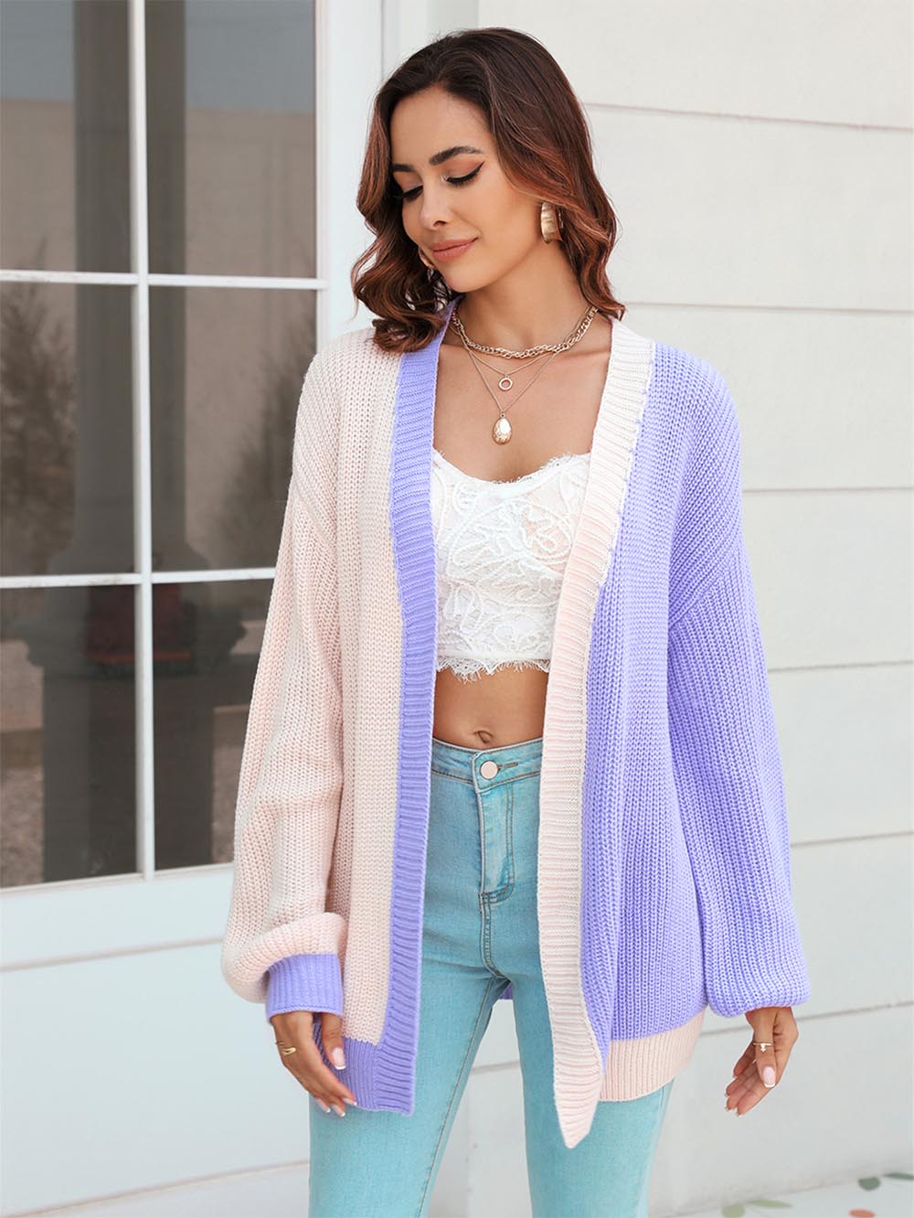 Women's Plus Size Colorblock Mid-Length Knitted Cardigan | NCS