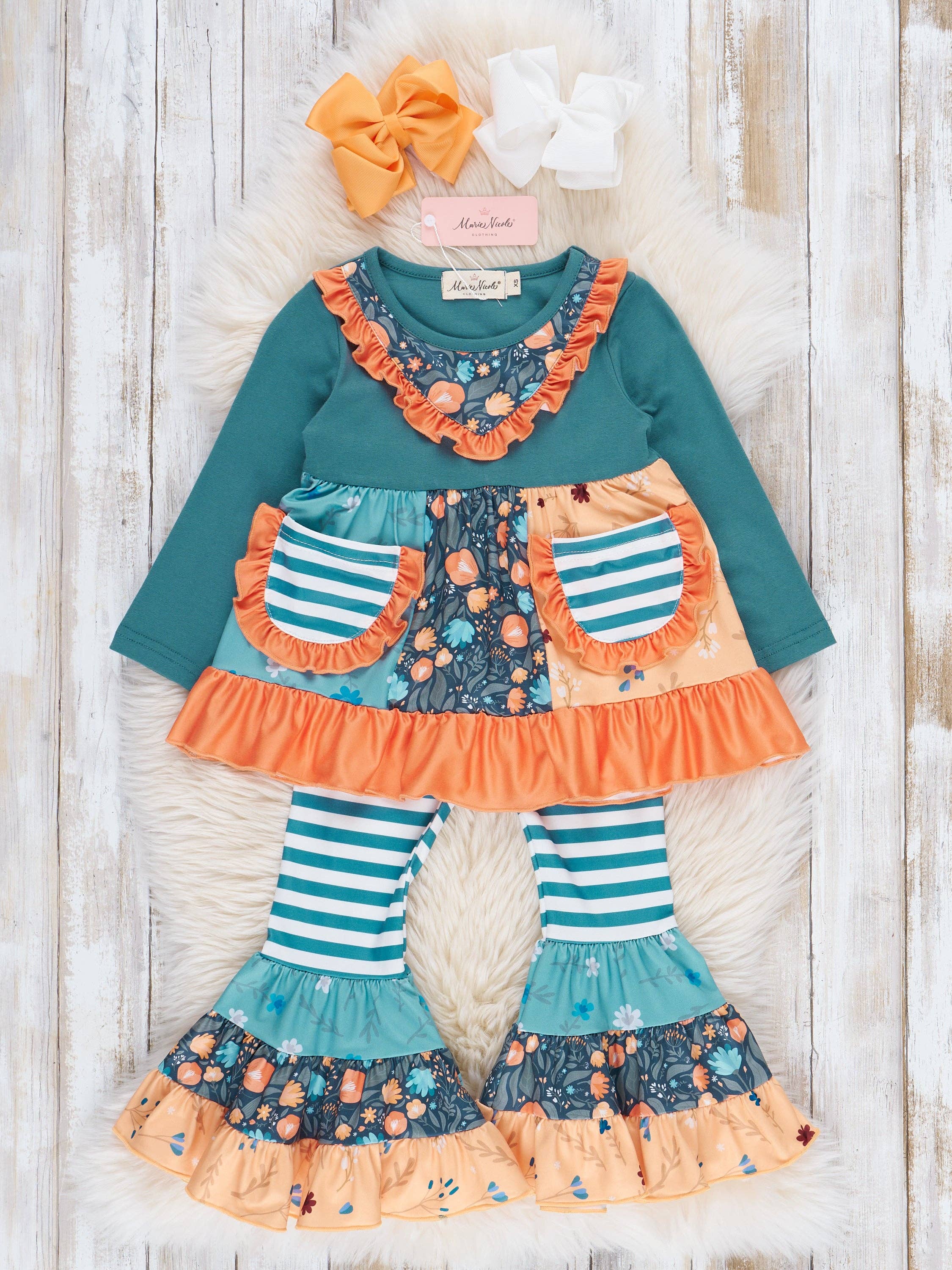 Cobalt & Orange Floral Stripe Bell Bottoms Outfit