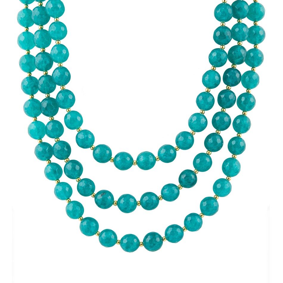 Argo Blue Teal Jade Triple Strand Golden Necklace
