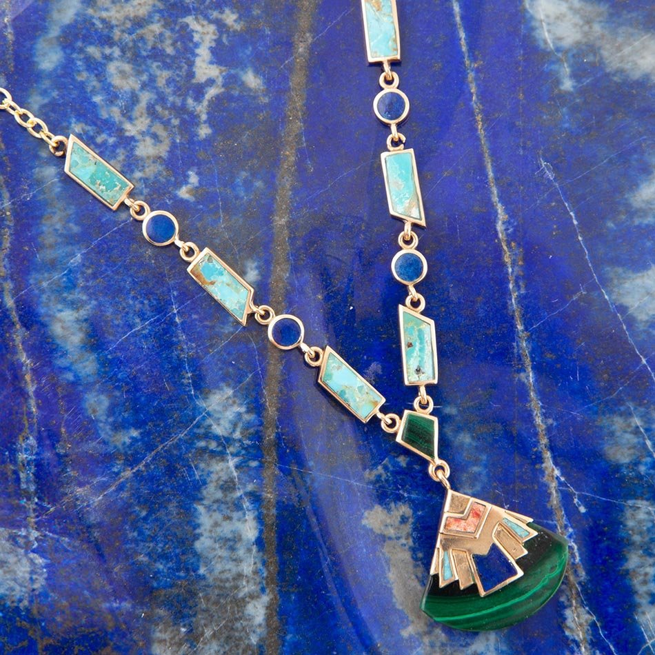 Art Deco Colorful Inlay Golden Necklace