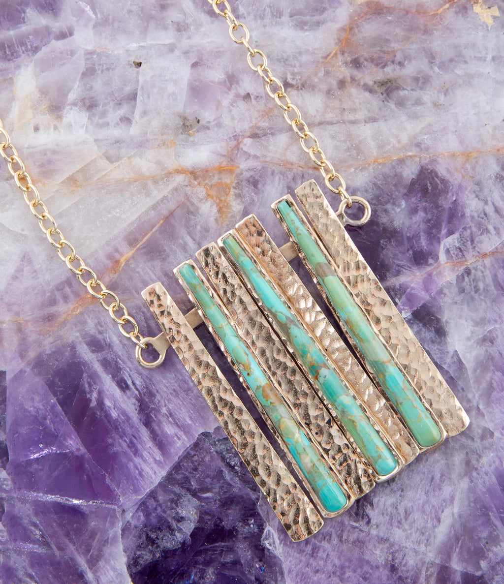 Aztec Blue Turquoise and Golden Bronze Fan Necklace