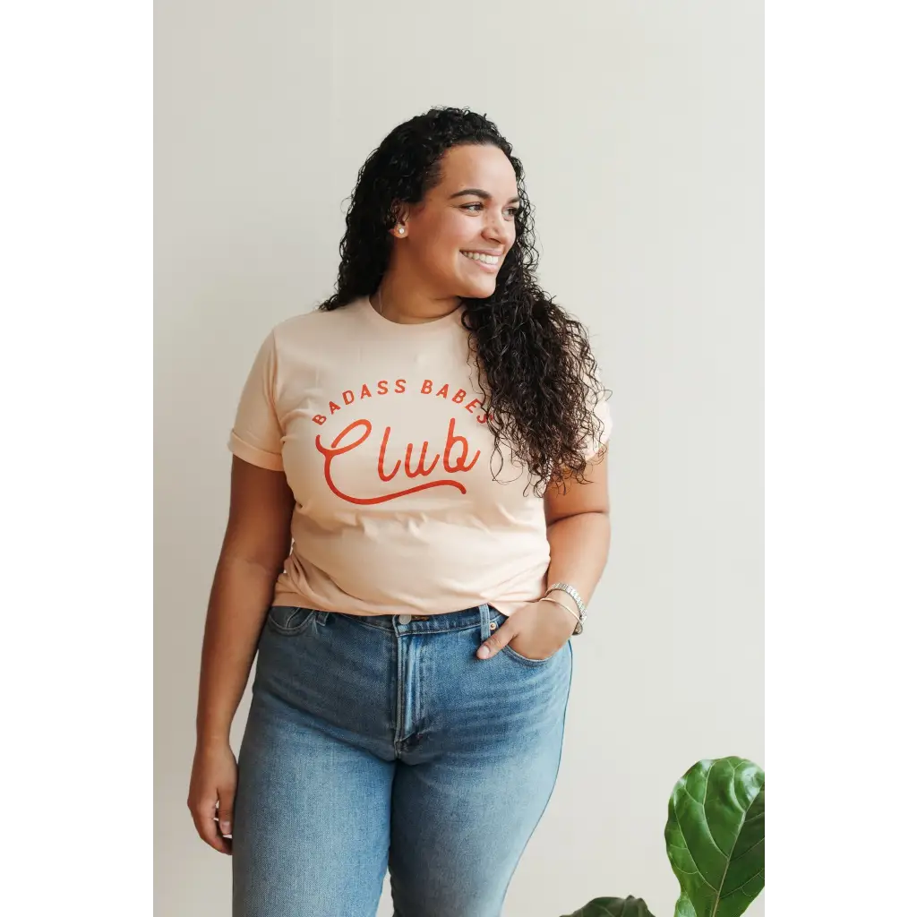 Badass Babes Club Graphic Tee in Peach with Red Text