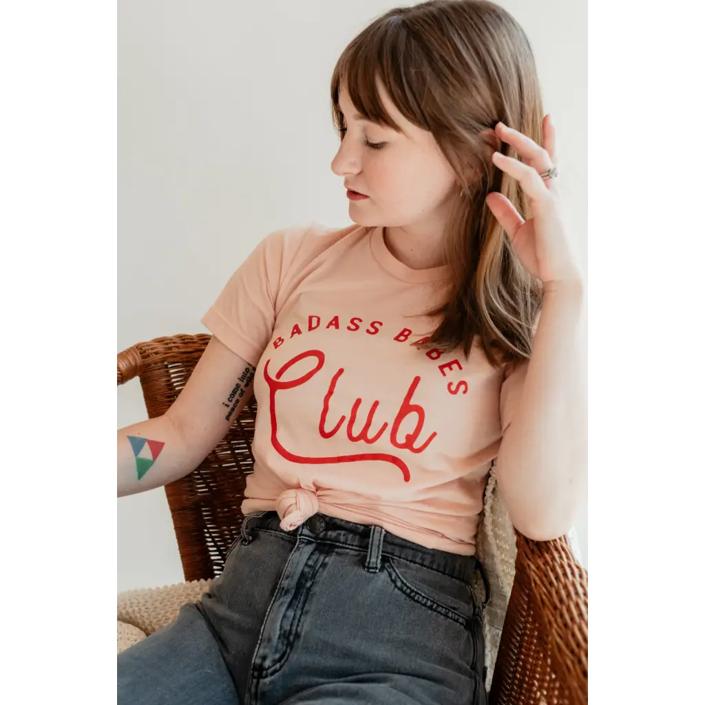 Badass Babes Club Graphic Tee in Peach with Red Text