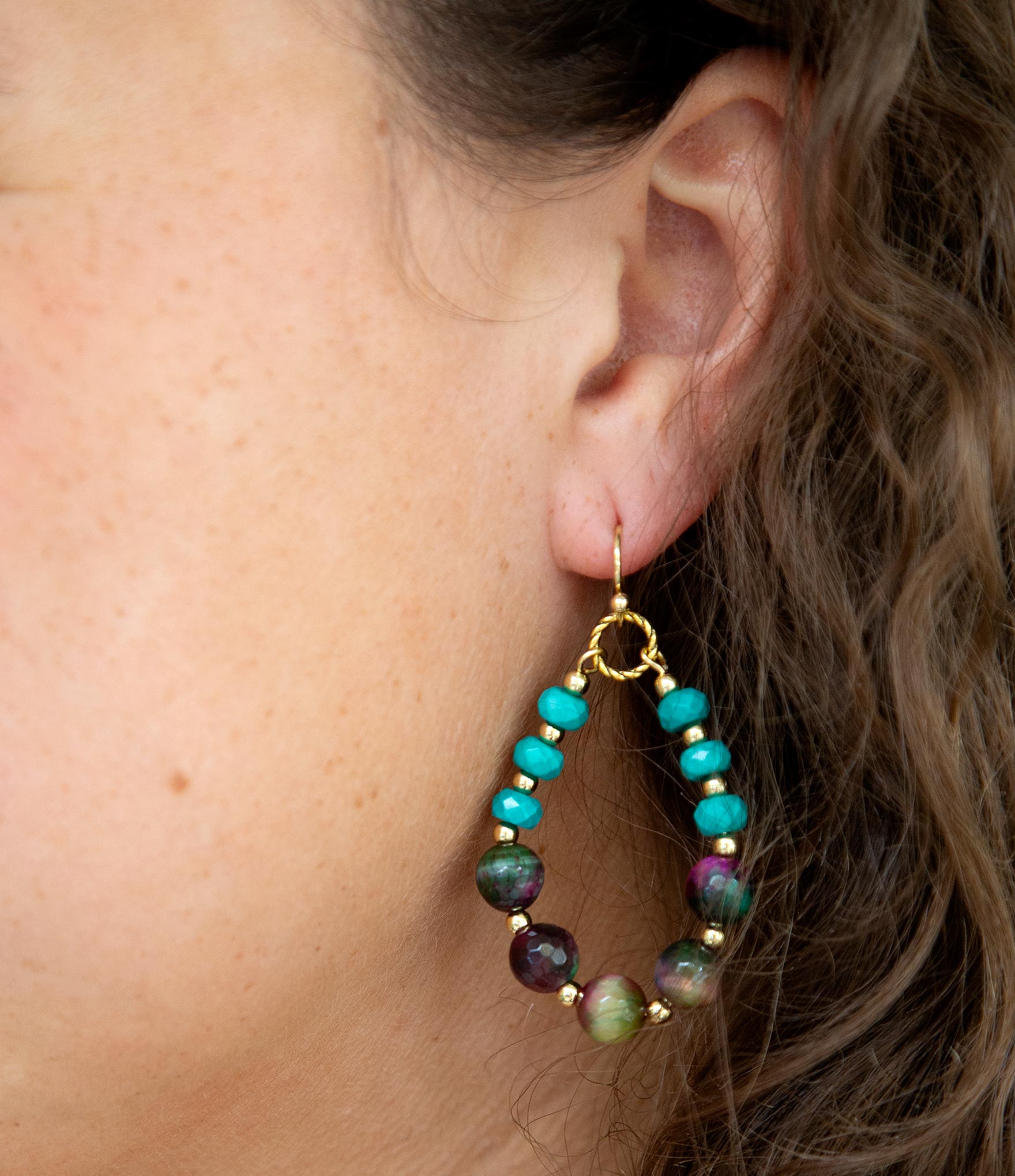 Jeweled Blue Magnesite and Mulicolor Tiger's Eye Golden Drop Earrings