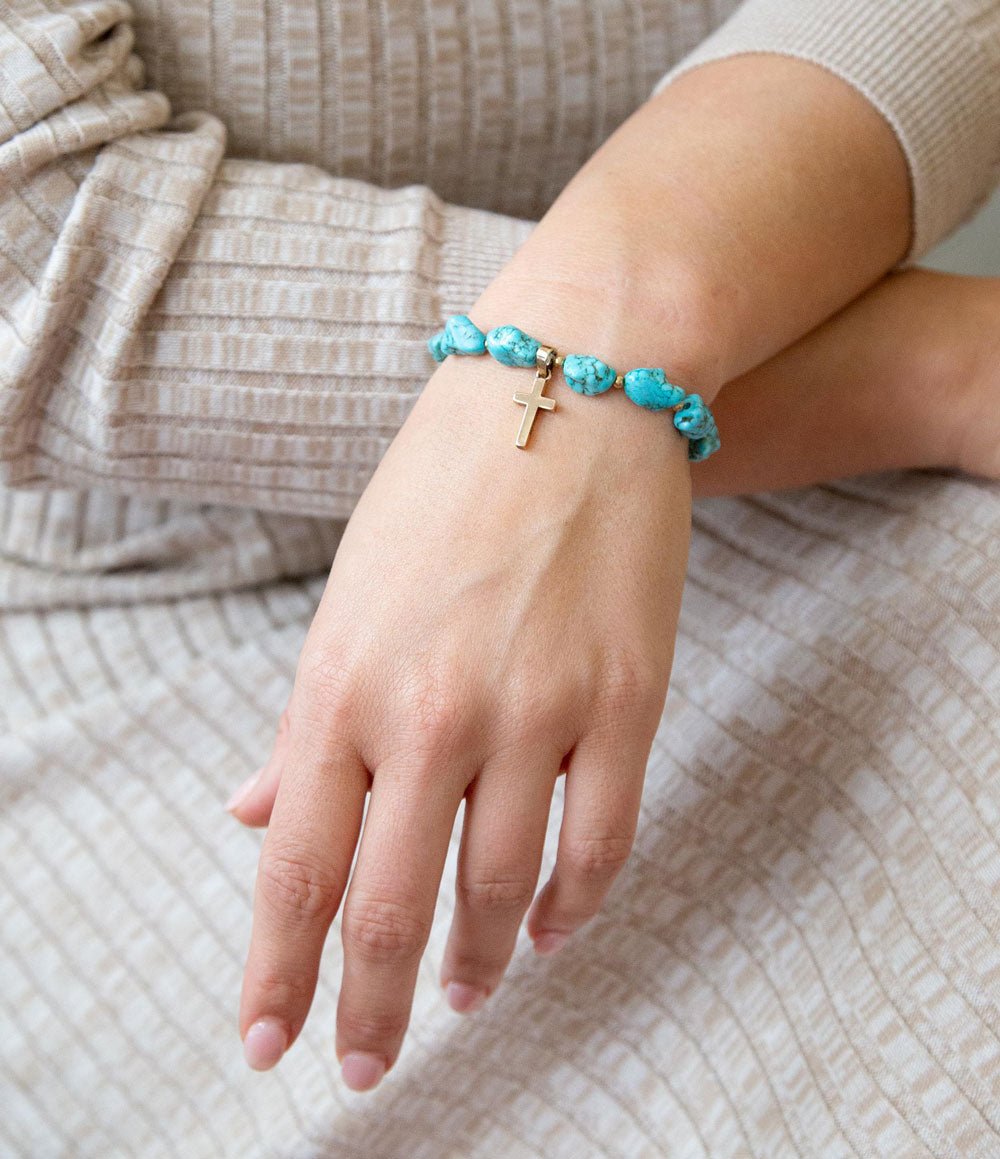 Blue Magnesite on the Cross Golden Charm Bracelet