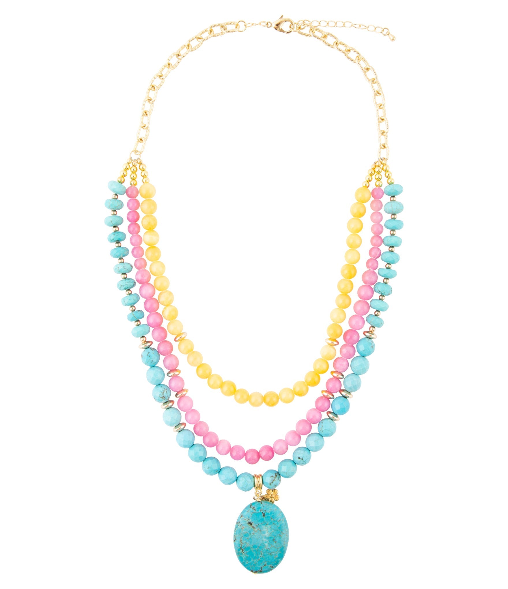 St. Augustine Pink Agate and Blue Turquoise Golden Pendant Necklace