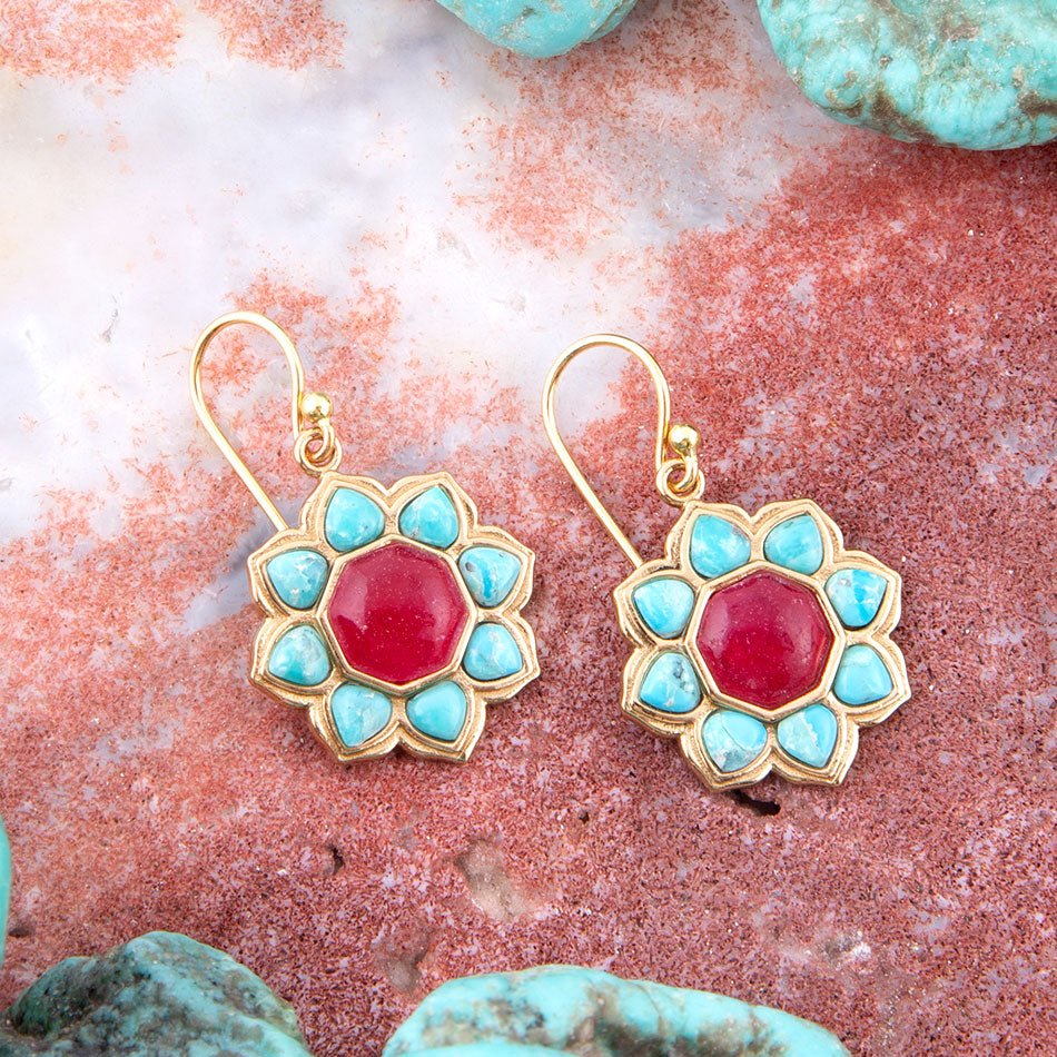 Blue Turquoise and Red Quartz Flower Golden Earrings