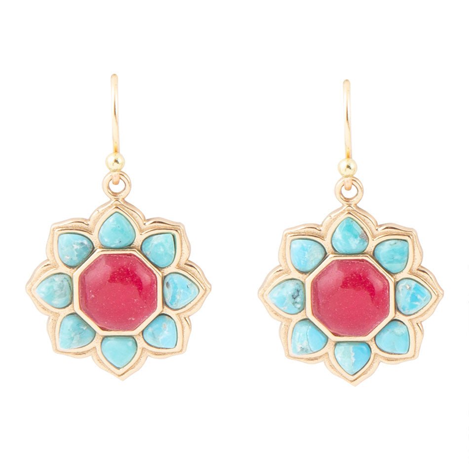 Blue Turquoise and Red Quartz Flower Golden Earrings
