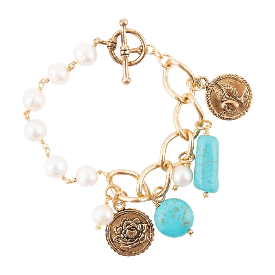 Blue Turquoise and White Pearl Multi Charm Golden Bracelet