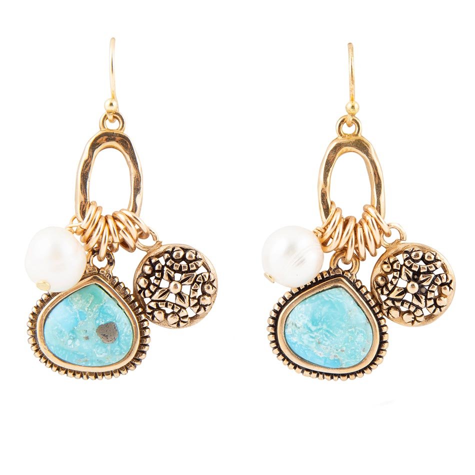 Blue Turquoise and White Pearl Multi Charm Golden Charm Earrings