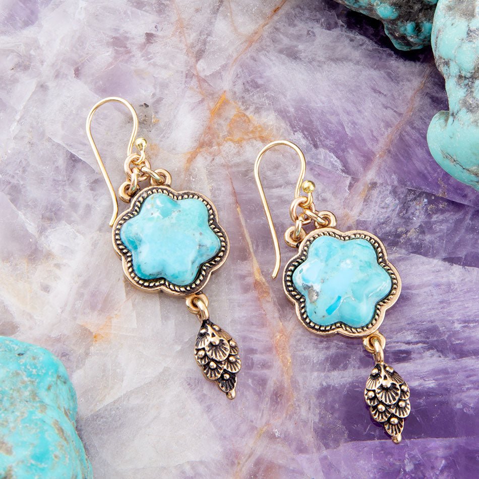 Blue Turquoise Flower Golden Drop Earrings