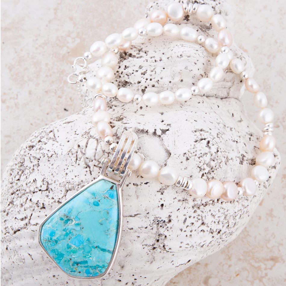 Blue Turquoise Pendant and White Pearl Sterling Silver Necklace