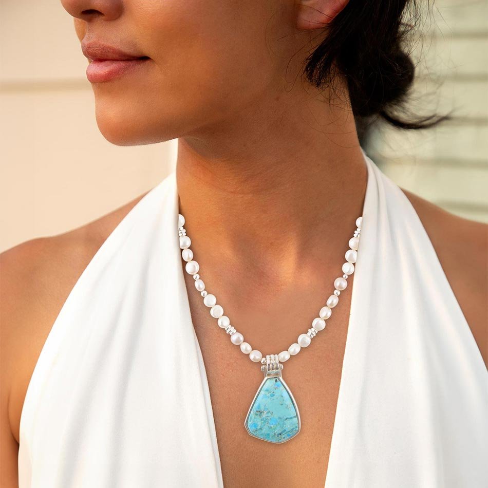 Blue Turquoise Pendant and White Pearl Sterling Silver Necklace