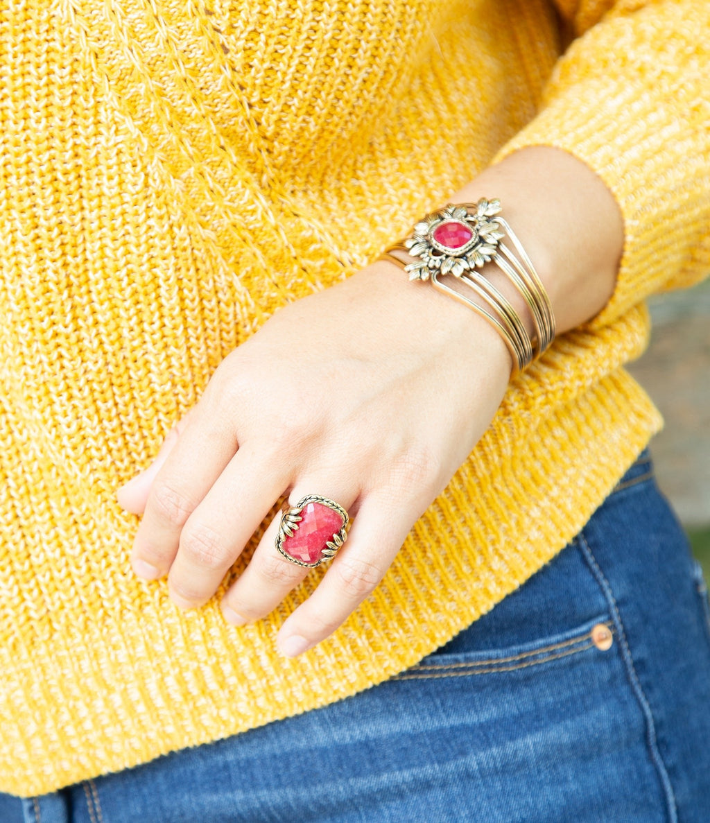 Bordeaux Quartz and Bronze Ornate Cuff Bracelet