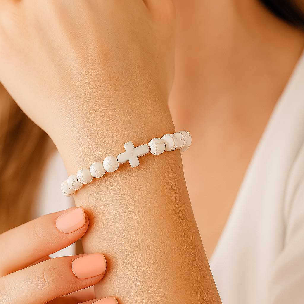 Stone Cross Bracelet - Cream