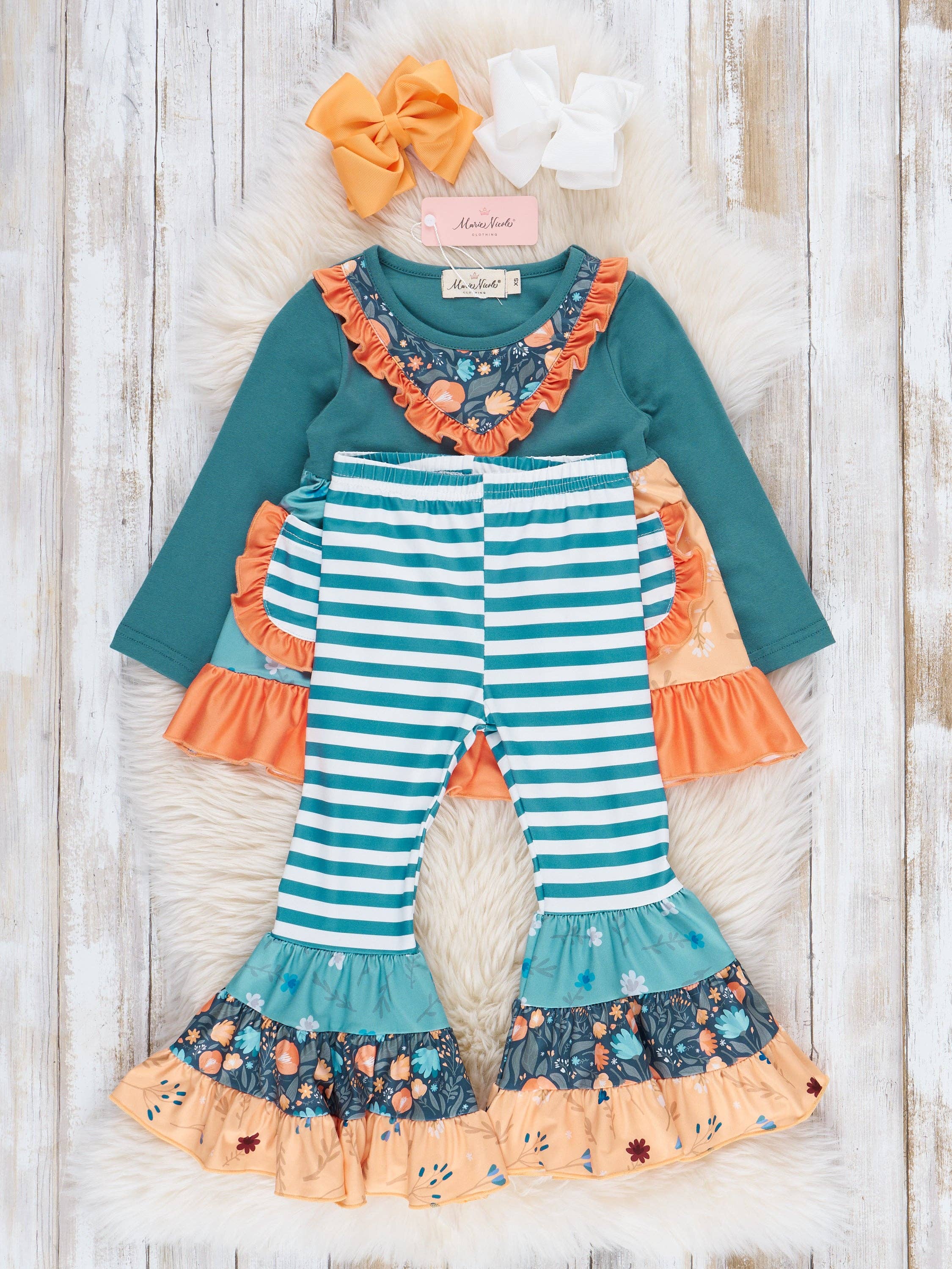 Cobalt & Orange Floral Stripe Bell Bottoms Outfit