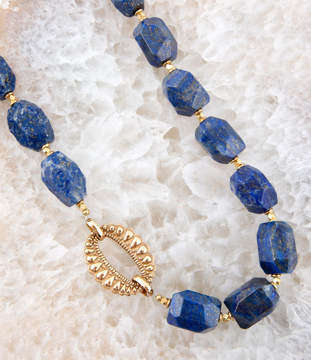 Chunky Blue Lapis Station Golden Necklace