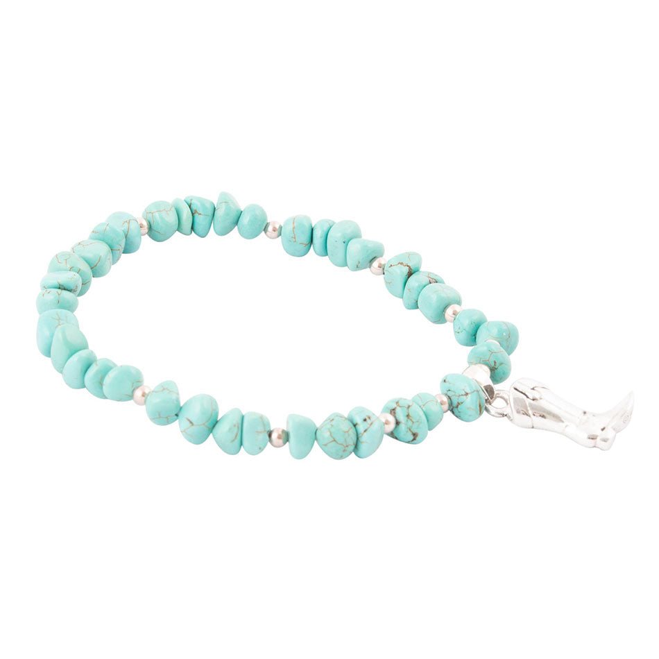 Cowgirl Up Blue Turquoise Sterling Silver Boot Charm Stretch Bracelet