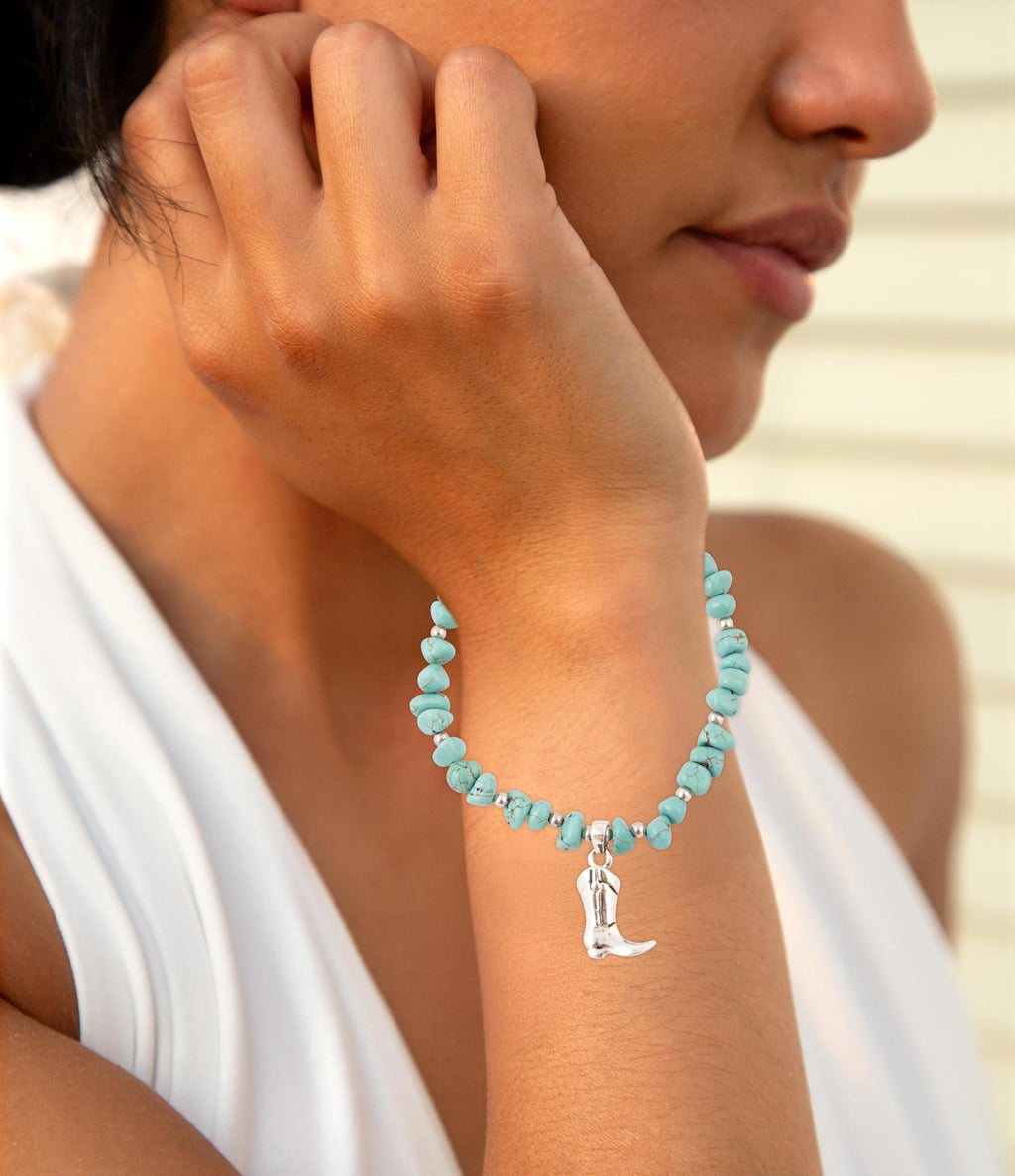 Cowgirl Up Blue Turquoise Sterling Silver Boot Charm Stretch Bracelet