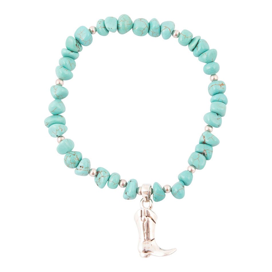 Cowgirl Up Blue Turquoise Sterling Silver Boot Charm Stretch Bracelet
