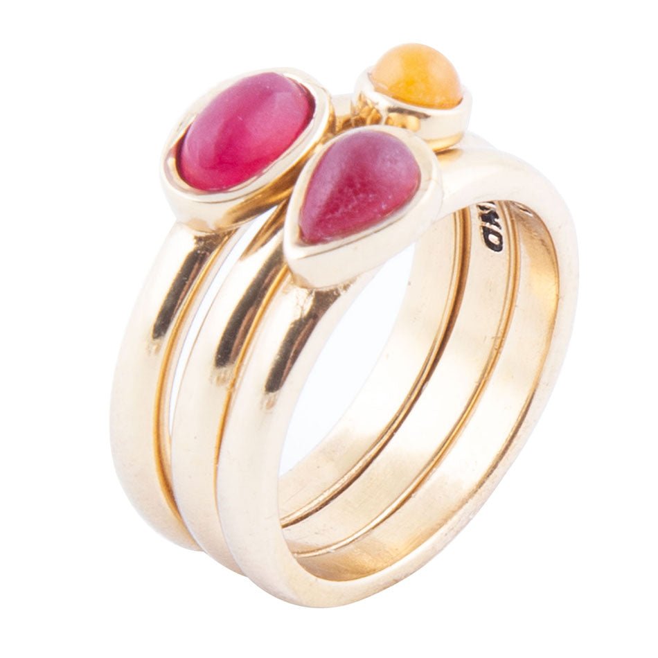 Dainty Stackable Red and Yellow Agate Golden Ring Set