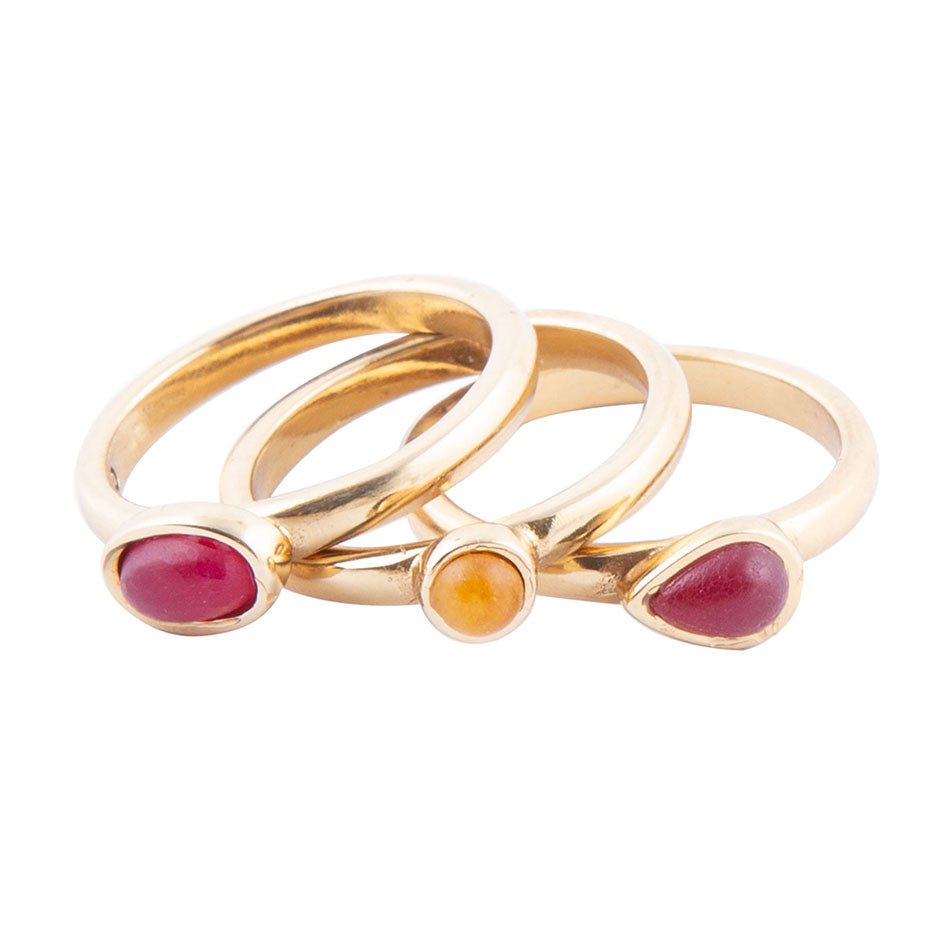 Dainty Stackable Red and Yellow Agate Golden Ring Set