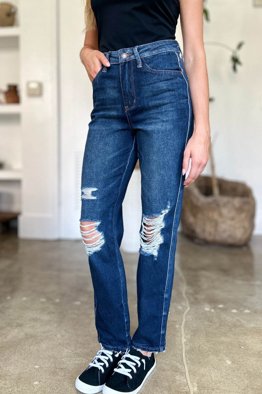 Judy Blue Full Size High Waist Rigid Magic Heavy Destroy Straight Women Jeans