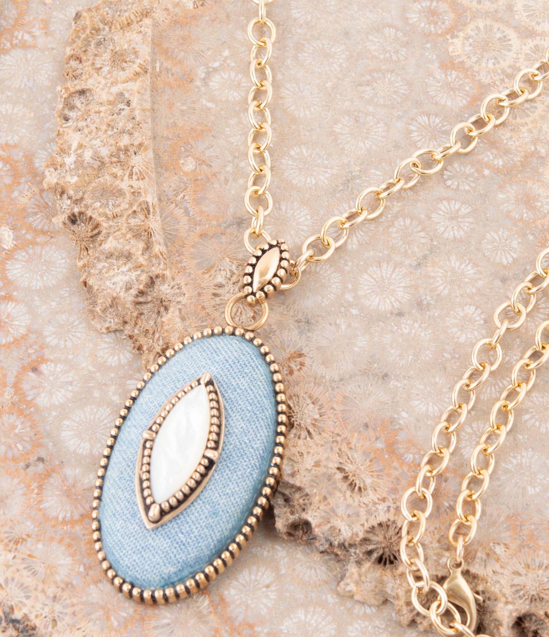 Blue Denim Dreams White Mother of Pearl Golden Pendant Necklace