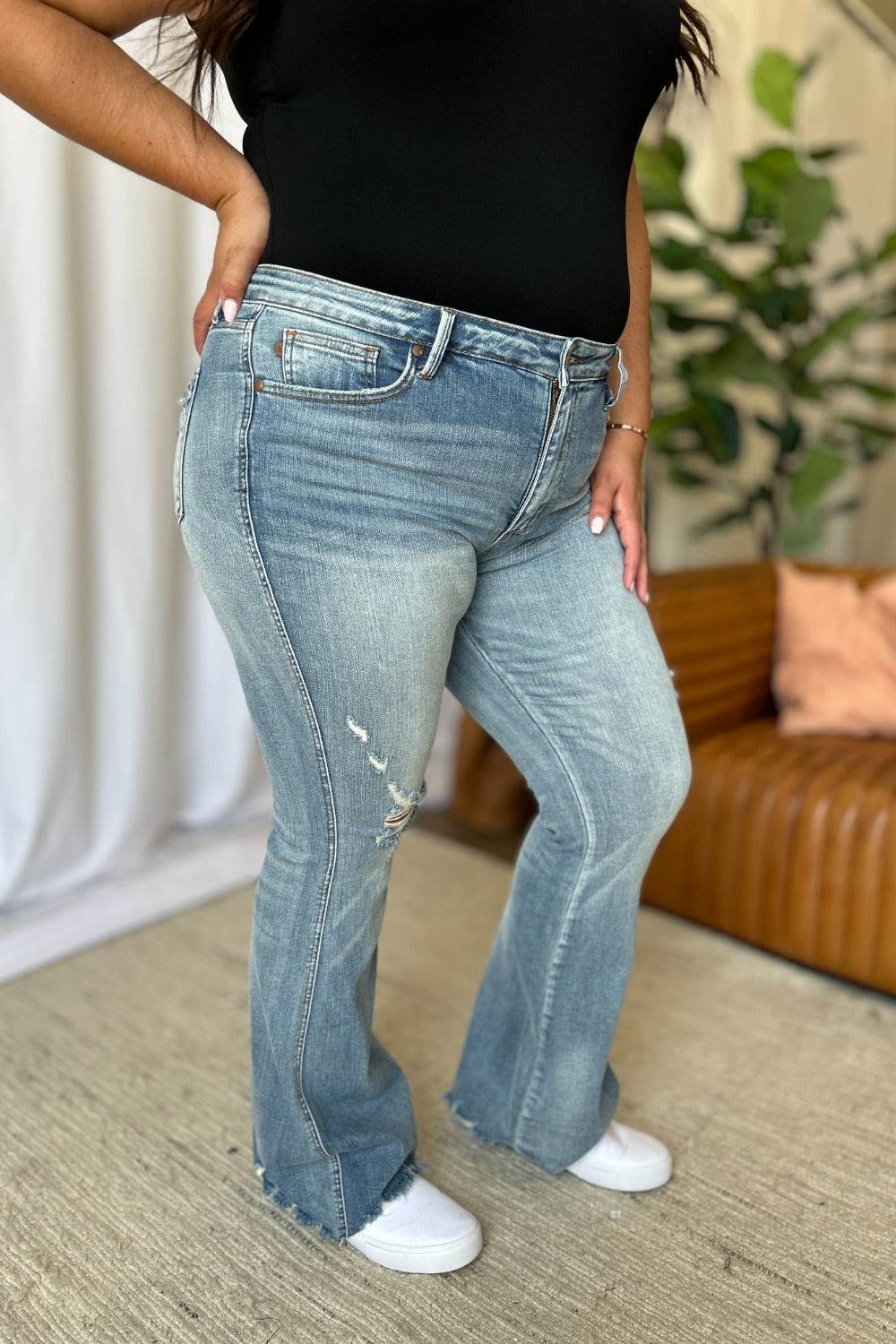 Judy Blue Full Size Medium Rise Tummy Control Destroy Flare Women Jeans