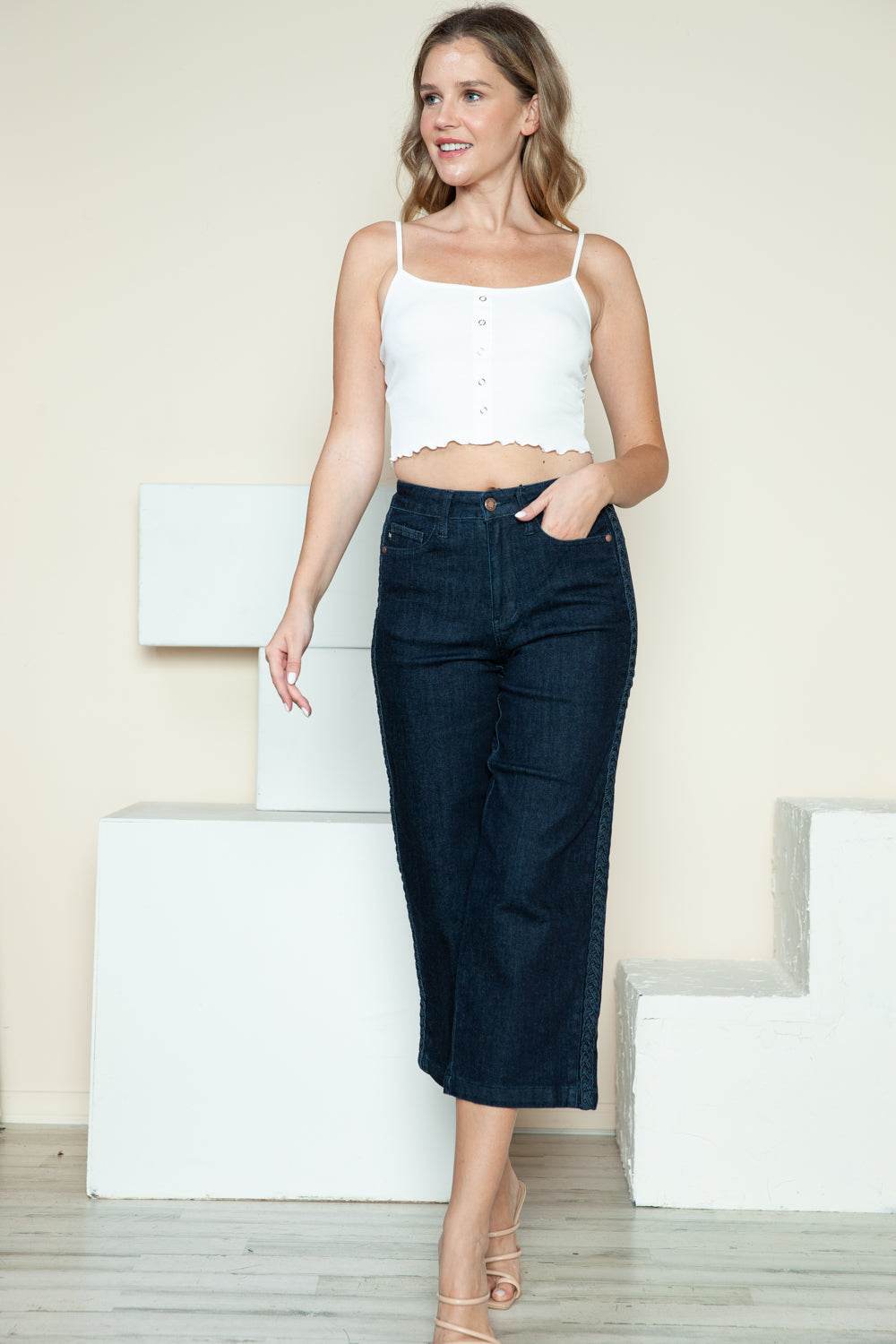 Judy Blue Full Size Side Seam Braid Detail Crop Wide Leg Women Jeans
