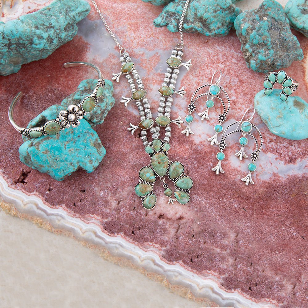 Floral Blue Turquoise and Sterling Silver Cuff Bracelet