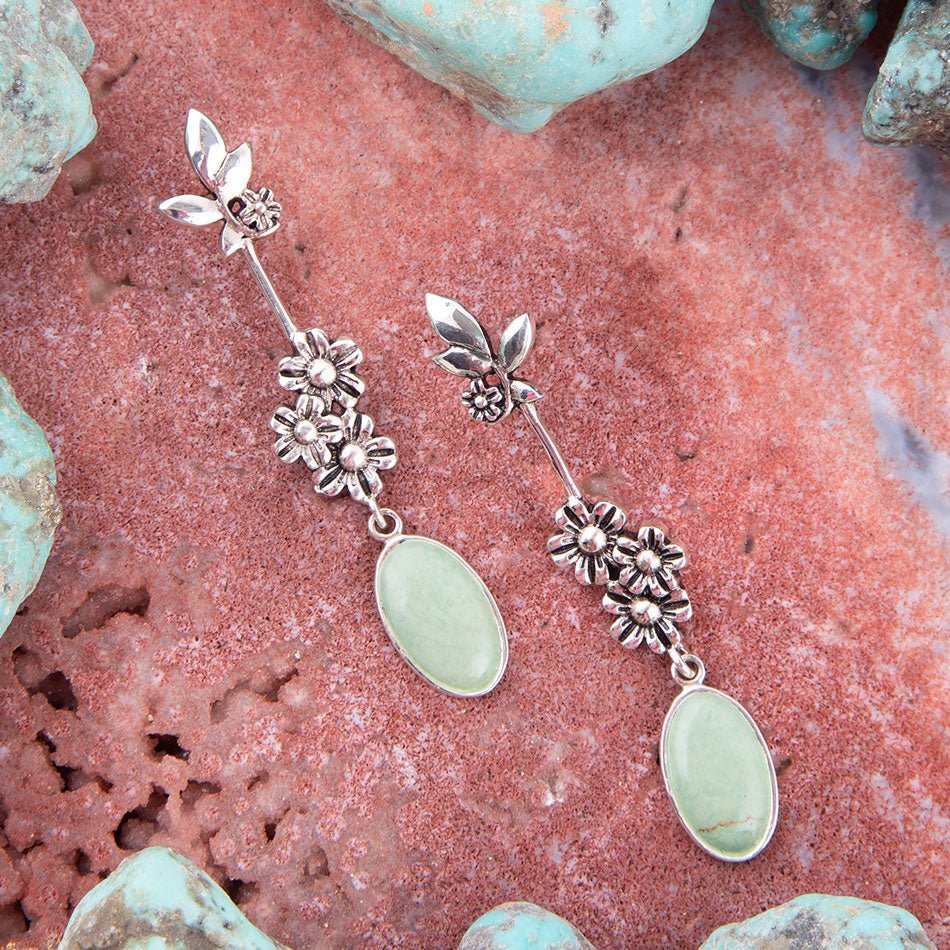 Floral Linear Drop Green Turquoise and Sterling Silver Earrings