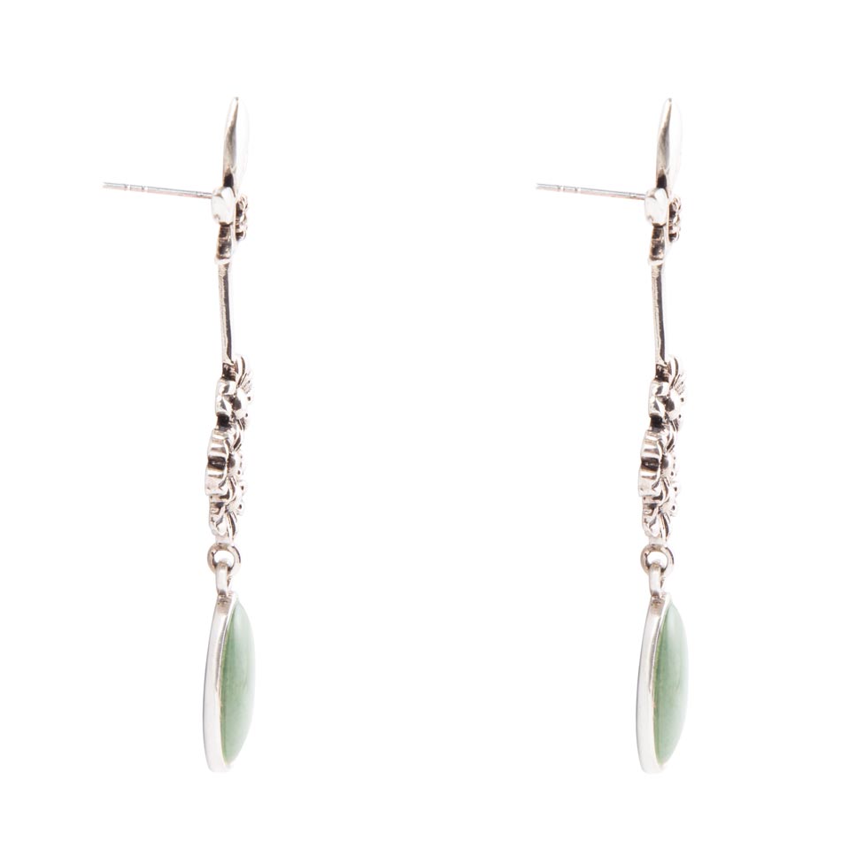 Floral Linear Drop Green Turquoise and Sterling Silver Earrings