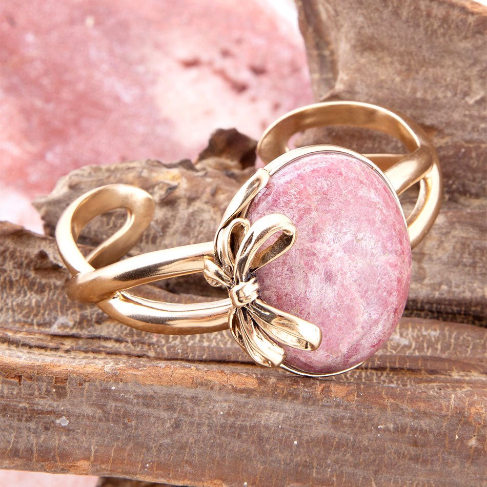 Gifted Pink Rhodonite Golden Bow Cuff Bracelet